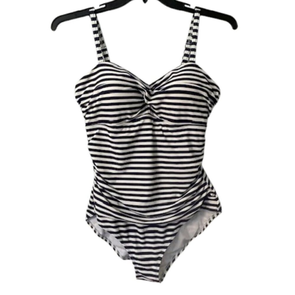 Boden Andros Twist Front One Piece Ruched Swimsuit Blue & White Stripe 12